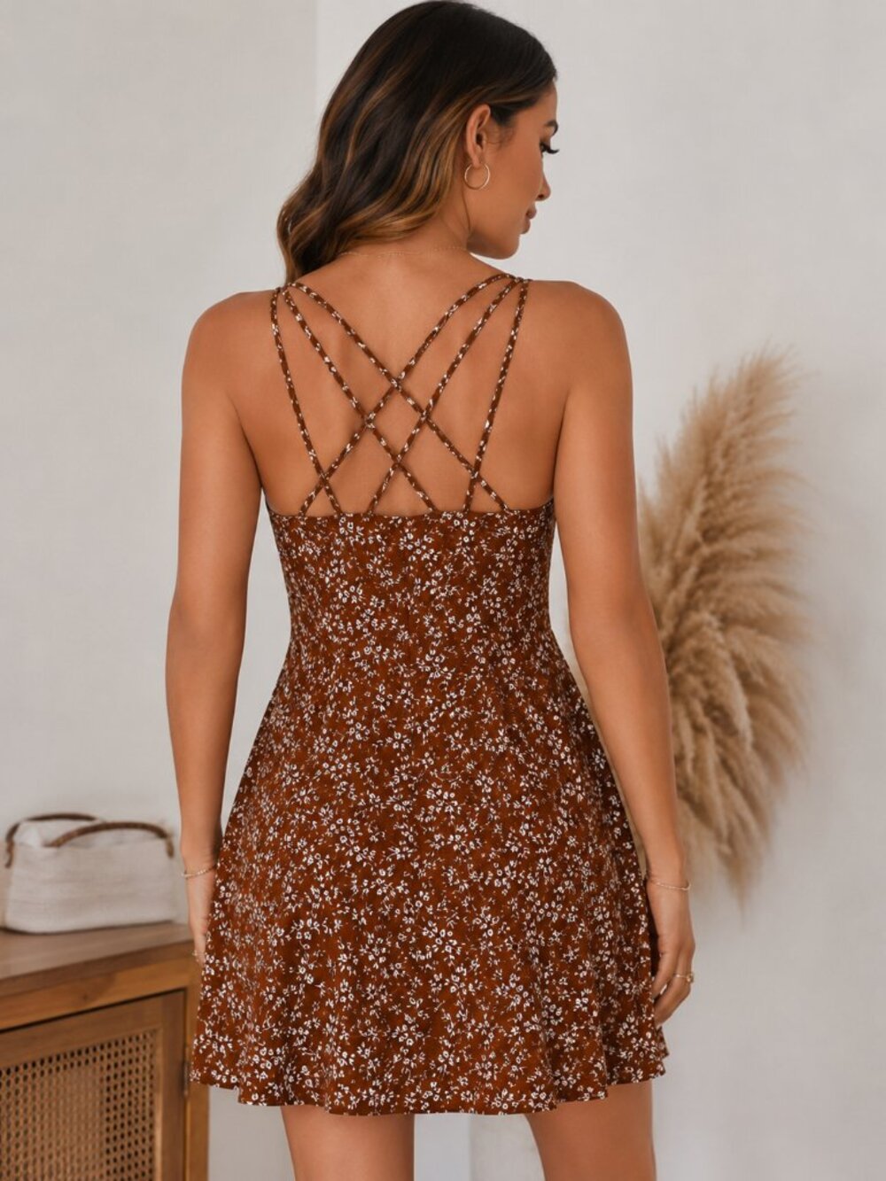 Mine Britton Brown Floral Fit & Flare Mini Dress NWT Size S - Picture 2 of 10